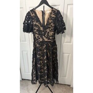 Flying Tomato Black Woven Lace Empire Waist MIDI Nude Lined Fit & Flare Dress M